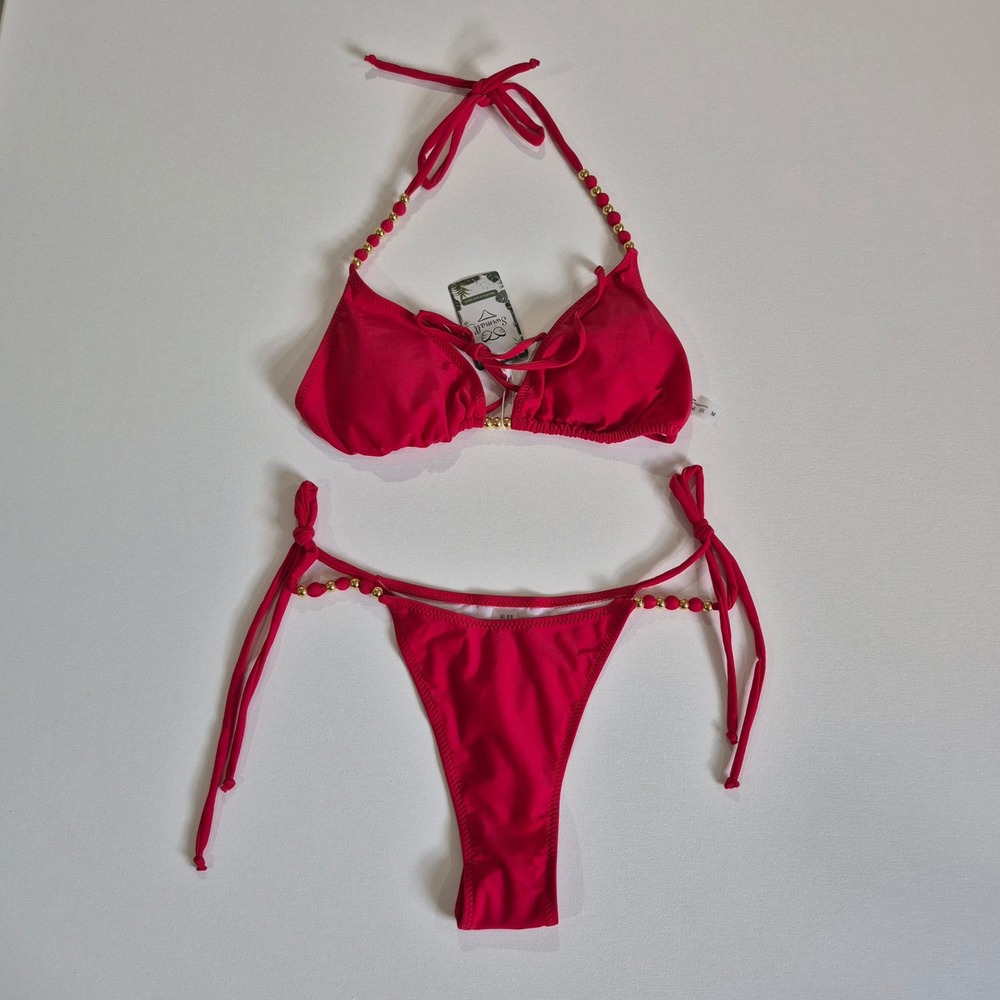 Swimall Red Beaded Triangle Bikini Set Side Tie Halter Swimsuit Womens Size M